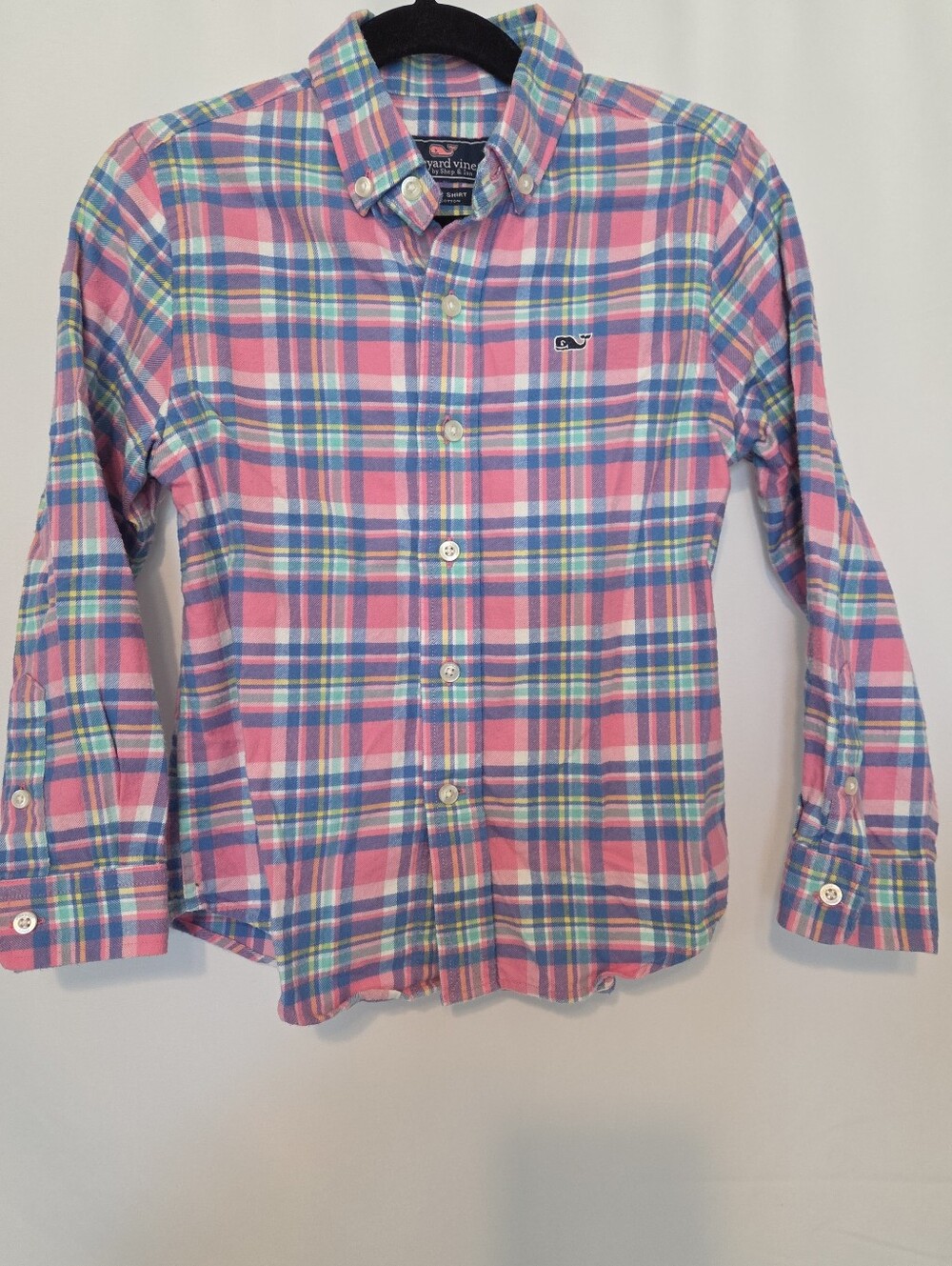 Vineyard Vines Pink, Blue & Green Plaid Flannel Button-Up Shirt Boys Whale Shirt